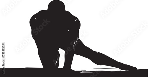 Silhouette of a person in a forward-leaning stretch pose preparing for physical activity

