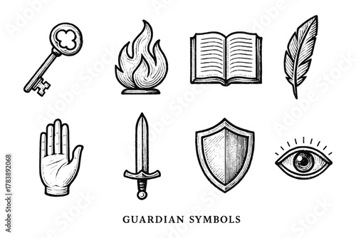 Hand drawn guardian symbols with key, sword, and shield