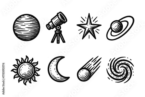 Hand-drawn space elements: sun, moon, and cosmic symbols