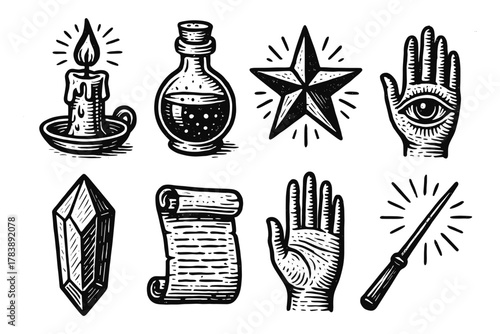 Mystical hand-drawn magic symbols featuring candle, potion, star, hand, crystal, scroll, wand