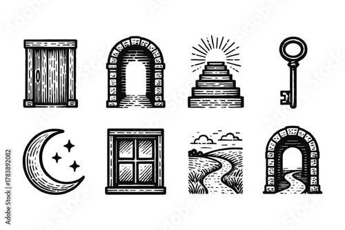 Vintage woodcut icons: mystical paths and ancient structures in black and white