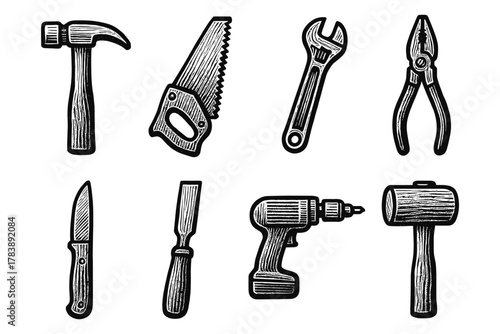 Vintage tool set: hand-drawn collection of classic woodworking instruments