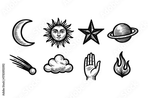 Celestial and mystical symbols in vintage hand-drawn style