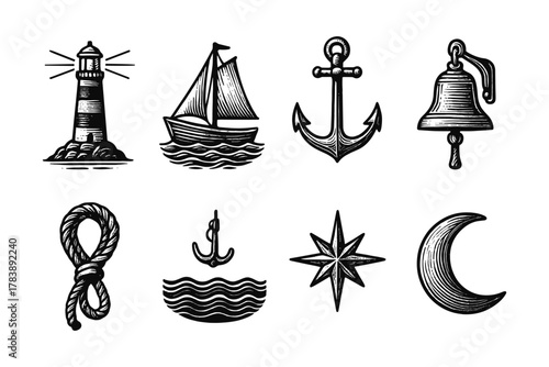 Vintage nautical icons: lighthouse, ship, anchor, bell, rope, compass, moon