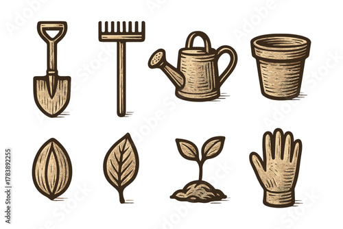 Rustic garden tools and elements: vintage hand-drawn design for nature and gardening enthusiasts
