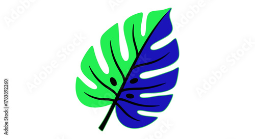 Brightly colored monstera leaf split in green and blue against a black background