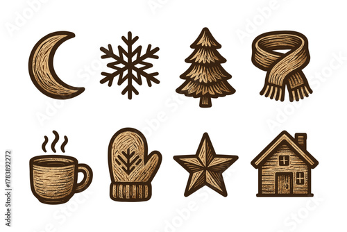 Rustic winter icons set featuring cozy elements and seasonal symbols for holiday designs