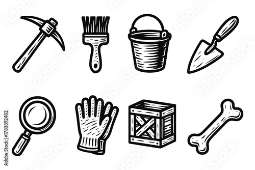 Archaeology tools icons set: pickaxe, brush, bucket, and more in black and white sketch style