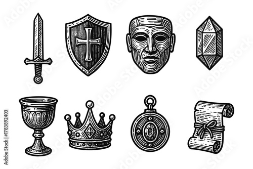 Vintage medieval icons set: sword, shield, mask, crystal, goblet, crown, compass, scroll