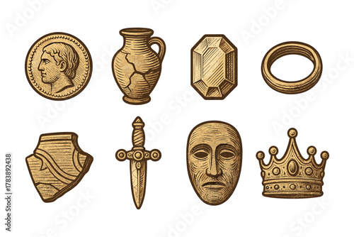 Ancient artifacts collection: coins, pottery, gems, and royal symbols in detailed hand drawn style