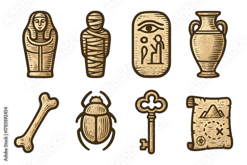 Ancient egypt icons: mummy, hieroglyphs, scarab, and artifacts in vintage style
