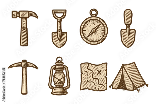 Vintage camping and exploration tools set in hand drawn style