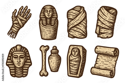 Ancient egyptian artifacts: mummy, sarcophagus, papyrus, and more in vintage style