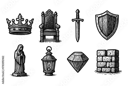 Medieval icons collection: crown, throne, sword, shield, saint statue, lantern, diamond, brick wall