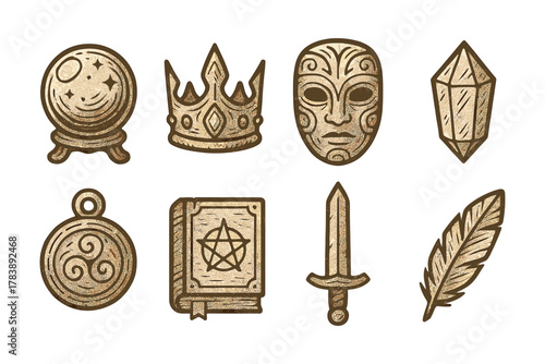 Vintage fantasy icons set with crown, mask, sword, and crystal