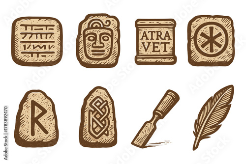 Ancient carved stone artifacts with rune symbols and decorative patterns