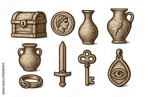 Rustic engraving style antique objects collection with historical artifacts