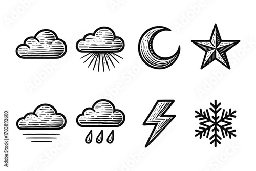 Hand drawn weather icons set with clouds, sun, moon, star, and more in black and white