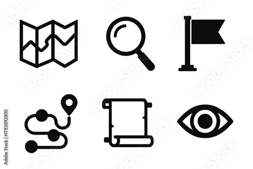 Navigation icons set: map, magnifying glass, flag, route, scroll, eye in bold style