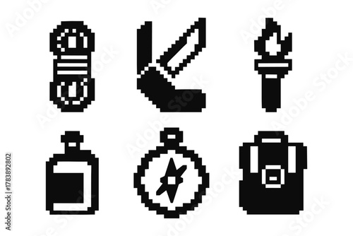 Retro pixel art icons featuring camping and hiking gear in black and white silhouette style