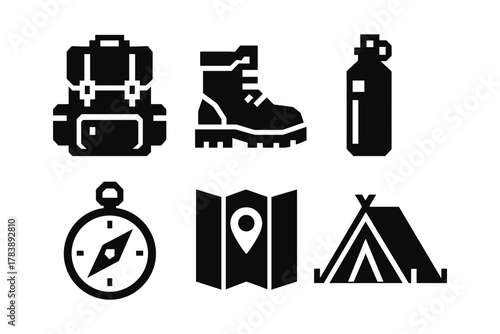 Camping icons set: backpack, hiking boots, water bottle, compass, map, tent