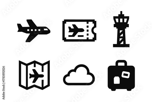 Travel icons set: plane, ticket, control tower, map, cloud, luggage