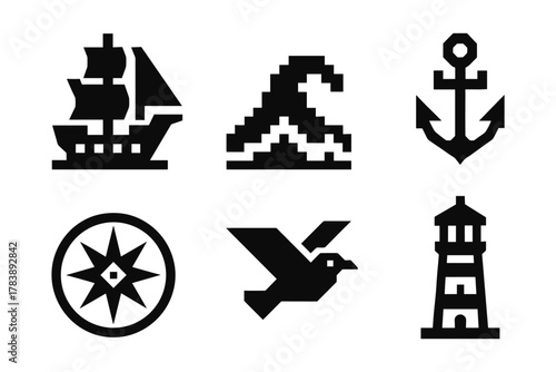 Nautical icons set featuring ship, wave, anchor, compass, bird, and lighthouse in pixel art style