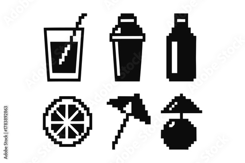 Retro pixel art beverage icons: cocktail, bottle, citrus, umbrella