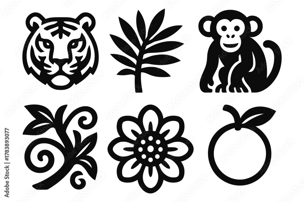 Obraz premium Black and white animal and nature icons: minimalist design elements