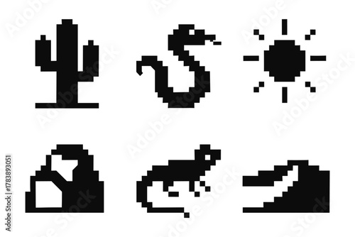 Retro pixel desert icons featuring cactus, snake, sun, rock, lizard, and sand dune