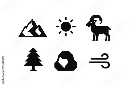 Nature adventure icons: mountains, sun, goat, tree, rock, wind in silhouette style