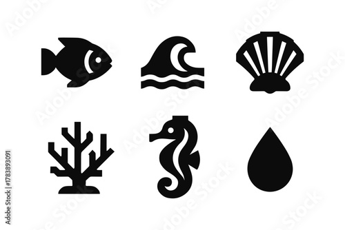 Bold marine icons: fish, wave, shell, coral, seahorse, water drop in silhouette style