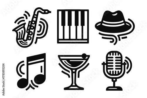 Icon set showcasing jazz instruments and elements in bold linear style