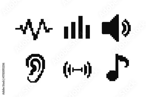 Retro pixel audio icons set: music, sound, and volume control in 8-bit style
