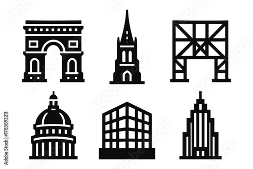 Iconic architectural landmarks in simple black silhouettes