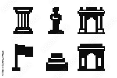 Retro pixel art architecture icons set of monuments and symbols