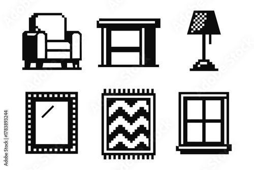 Retro pixel art furniture set with armchair, table, lamp, and decor elements