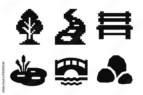 Pixel art nature elements: tree, path, bench, pond, bridge, rocks in minimalistic design