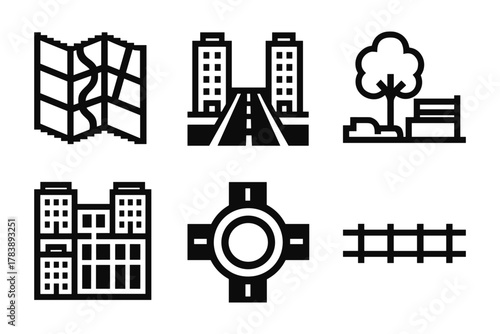 Urban infrastructure icons set featuring buildings, roads, and parks in black and white linear style