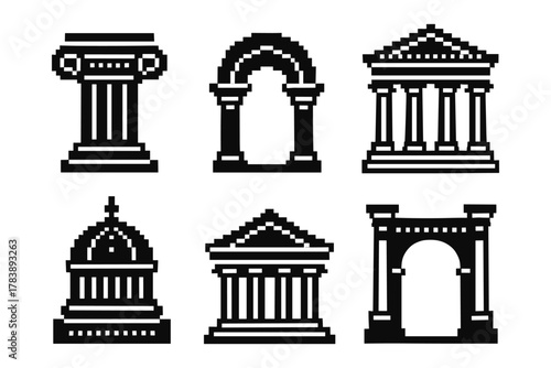 Pixel art classical architecture icons: greek and roman style set