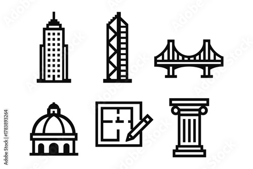 Linear icons of architecture: skyscrapers, landmarks, and blueprints