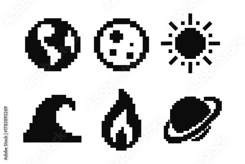 Retro pixel art icons of earth, moon, sun, wave, fire, and planet