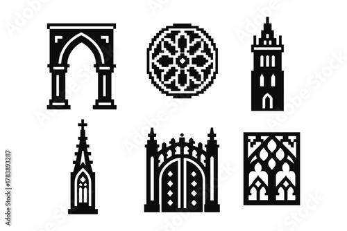 Pixel art gothic architecture icons set featuring arches and towers