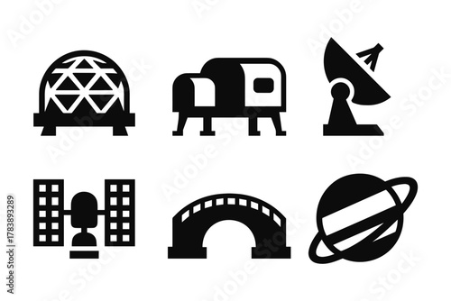 Futuristic technology symbols in bold black silhouette design