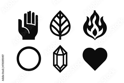 Minimalist icon set: elements of nature and geometry in black silhouette style