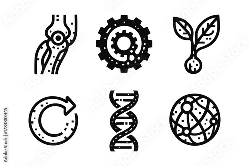 Science and nature icons: dna, leaf, gear, cycle, network, joint art