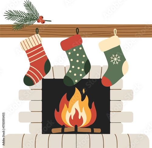 Cozy Christmas fireplace scene with stockings hung by the warm, crackling fire, evoking festive holiday cheer and winter comfort.