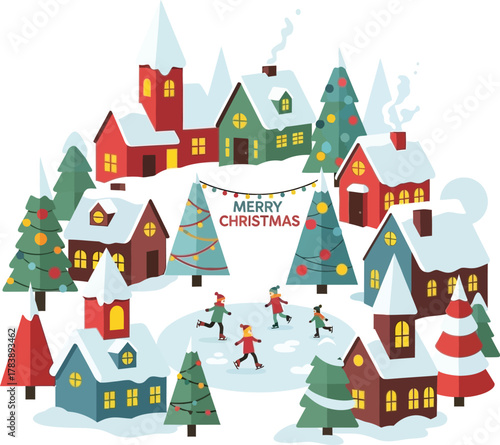 Charming snowy village scene with festive Christmas trees and children ice skating evokes warm holiday cheer and winter joy.