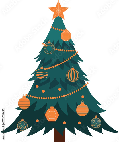 Festive decorated Christmas tree with star topper and ornaments, evoking holiday cheer and winter celebration for seasonal projects