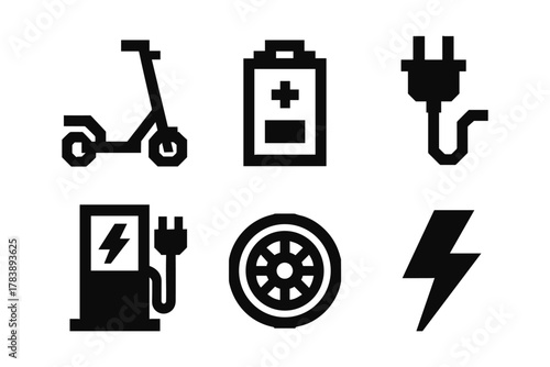 Electric mobility icons set featuring scooter, battery, charging station, and power plug